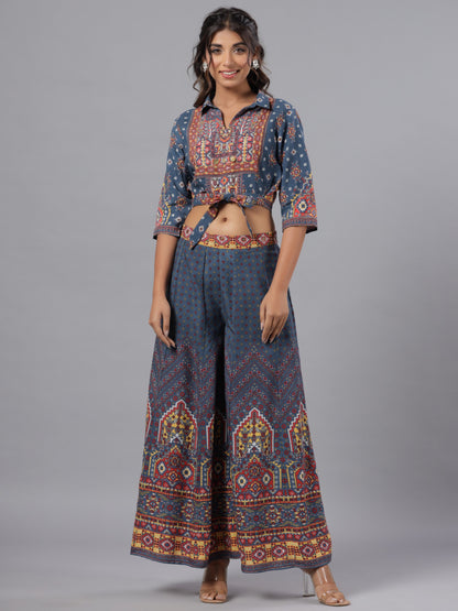 Navy Blue Rayon Printed Clothing Set