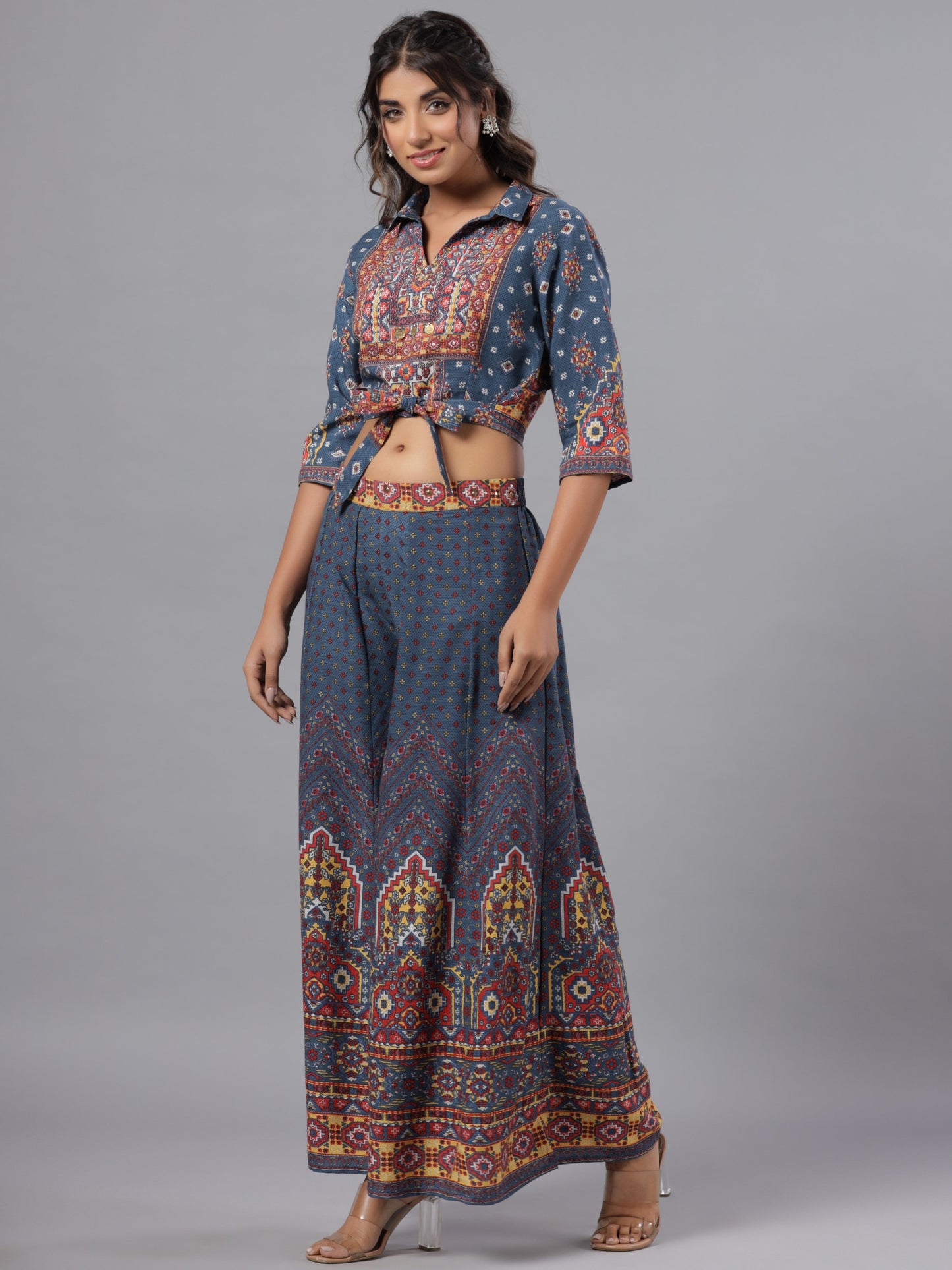 Navy Blue Rayon Printed Clothing Set