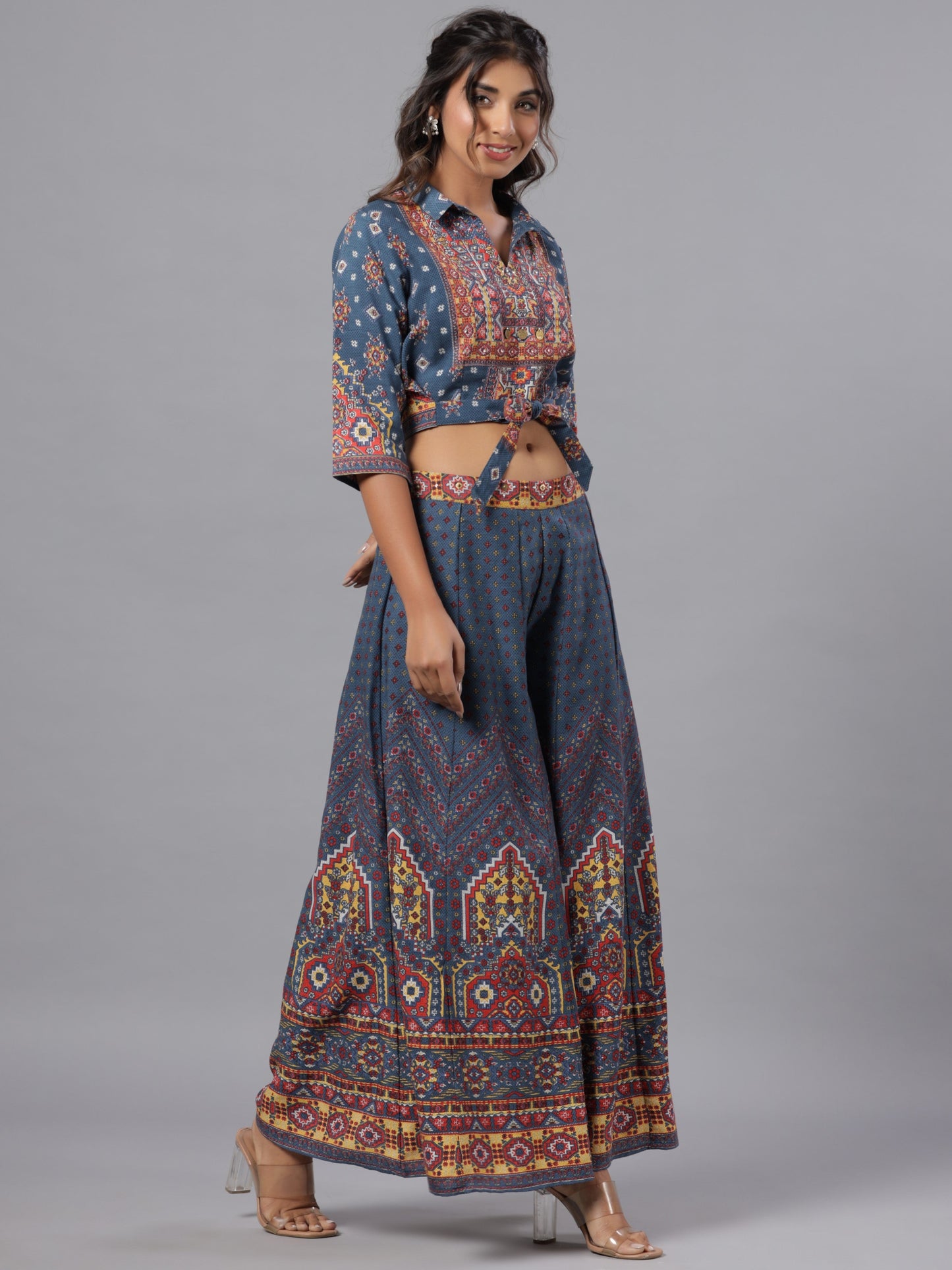 Navy Blue Rayon Printed Clothing Set