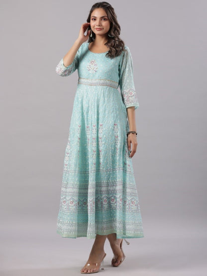 Sky Blue Chiffon Dobby Printed Maxi Dress