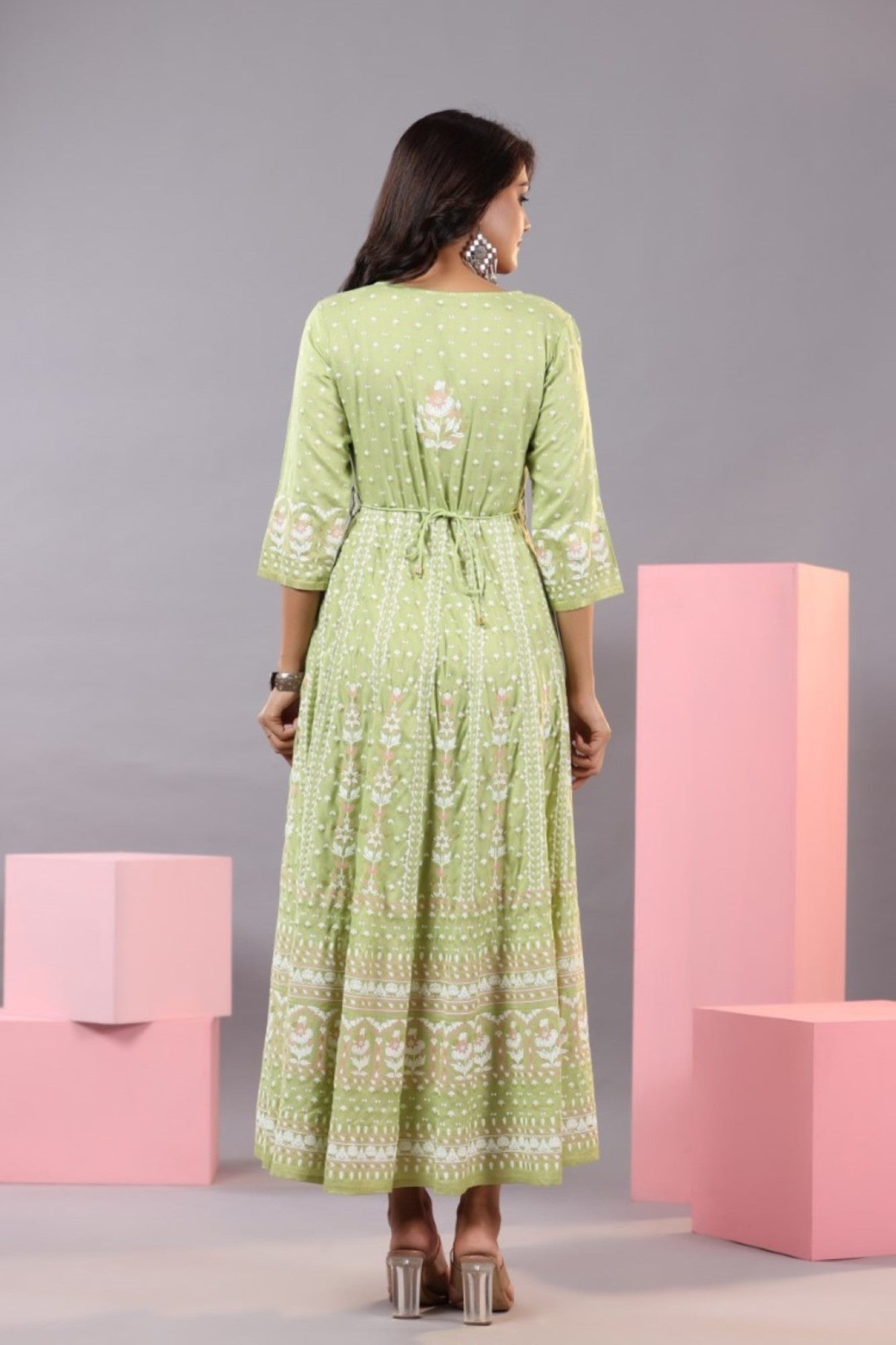 Green Rayon Staple Printed Maxi Dress