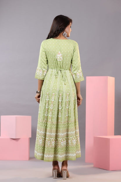 Green Rayon Staple Printed Maxi Dress