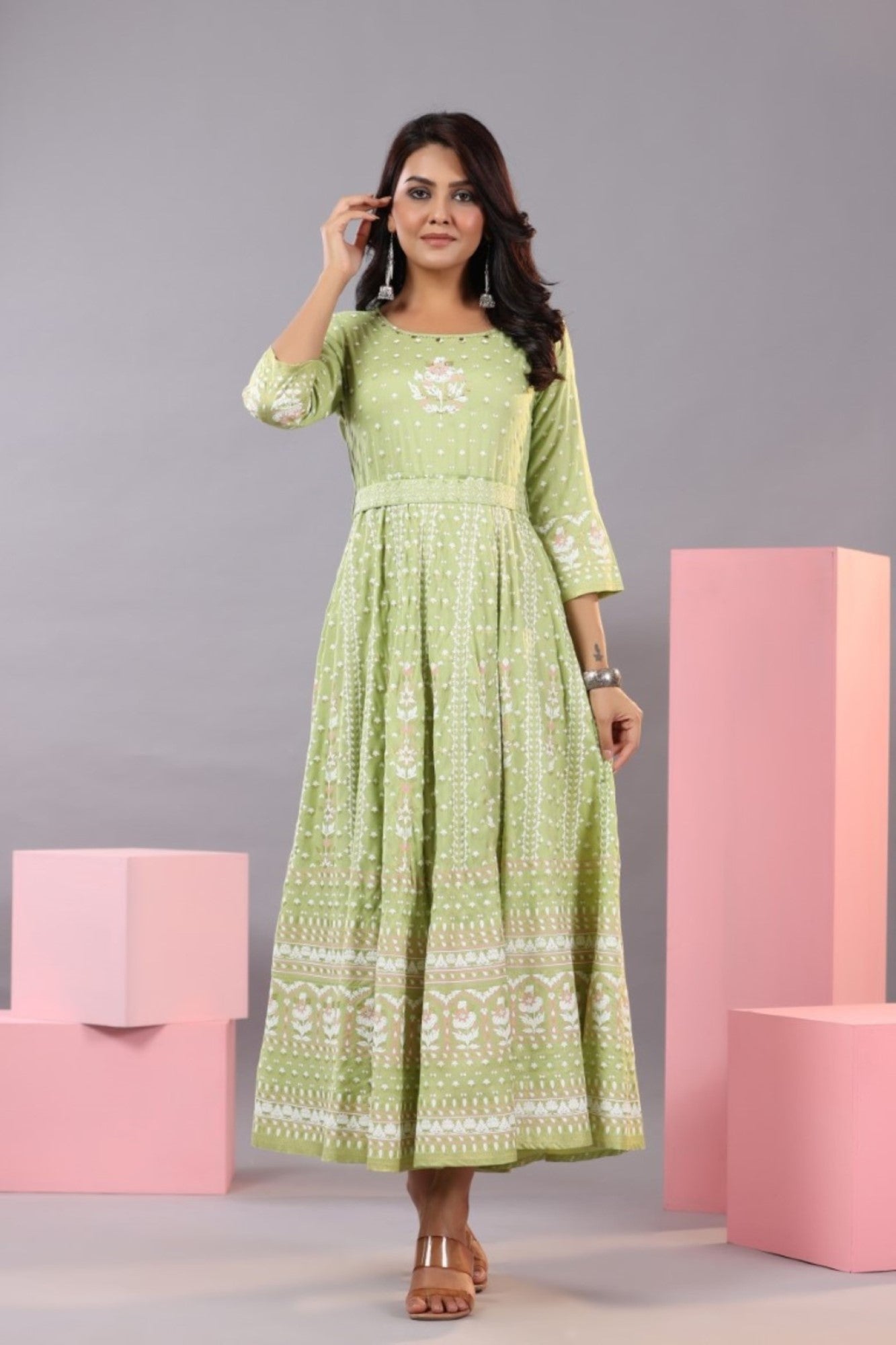 Green Rayon Staple Printed Maxi Dress