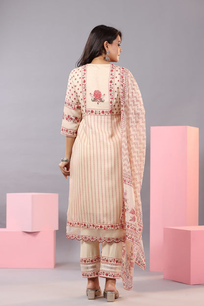 Ecru Muslin Floral Printed Kurta, Pants And Dupatta Set