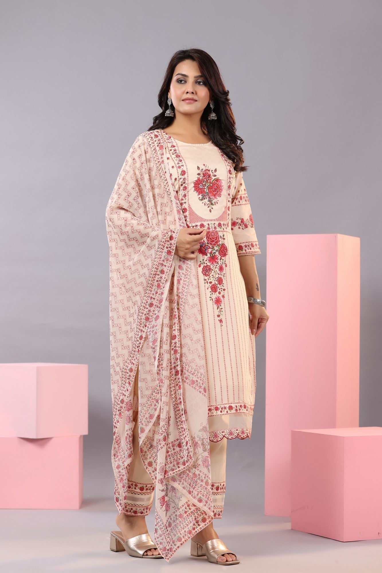 Ecru Muslin Floral Printed Kurta, Pants And Dupatta Set