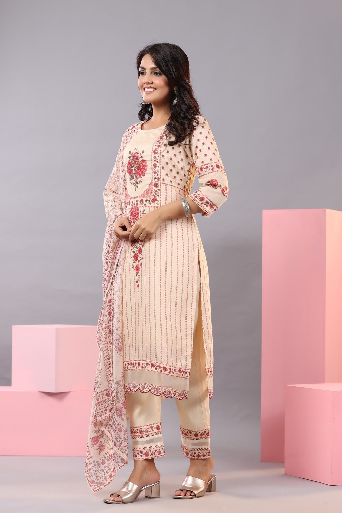 Ecru Muslin Floral Printed Kurta, Pants And Dupatta Set