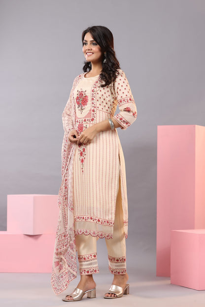 Ecru Muslin Floral Printed Kurta, Pants And Dupatta Set