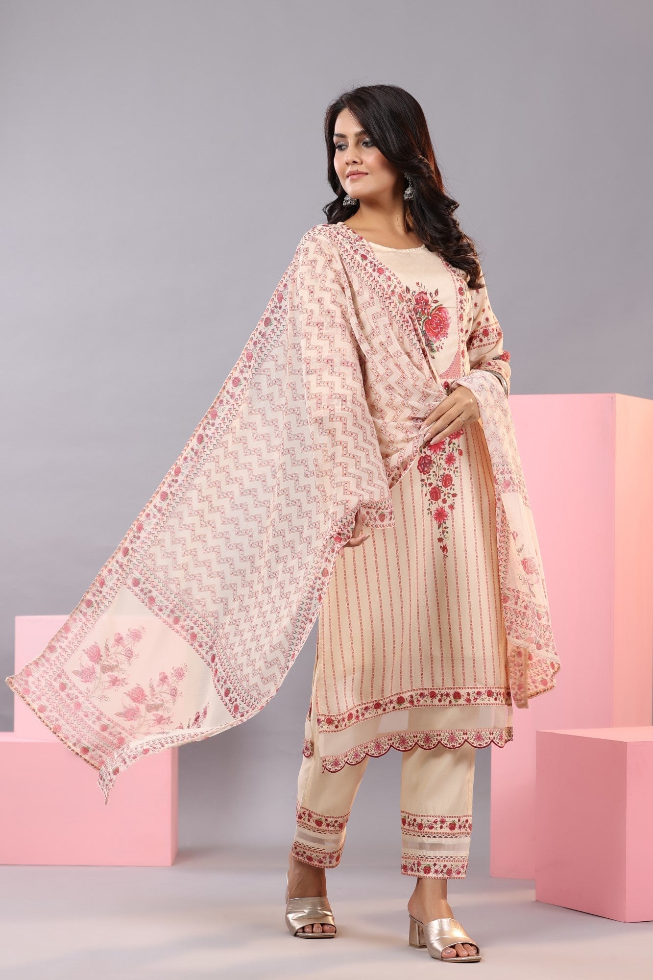 Ecru Muslin Floral Printed Kurta, Pants And Dupatta Set