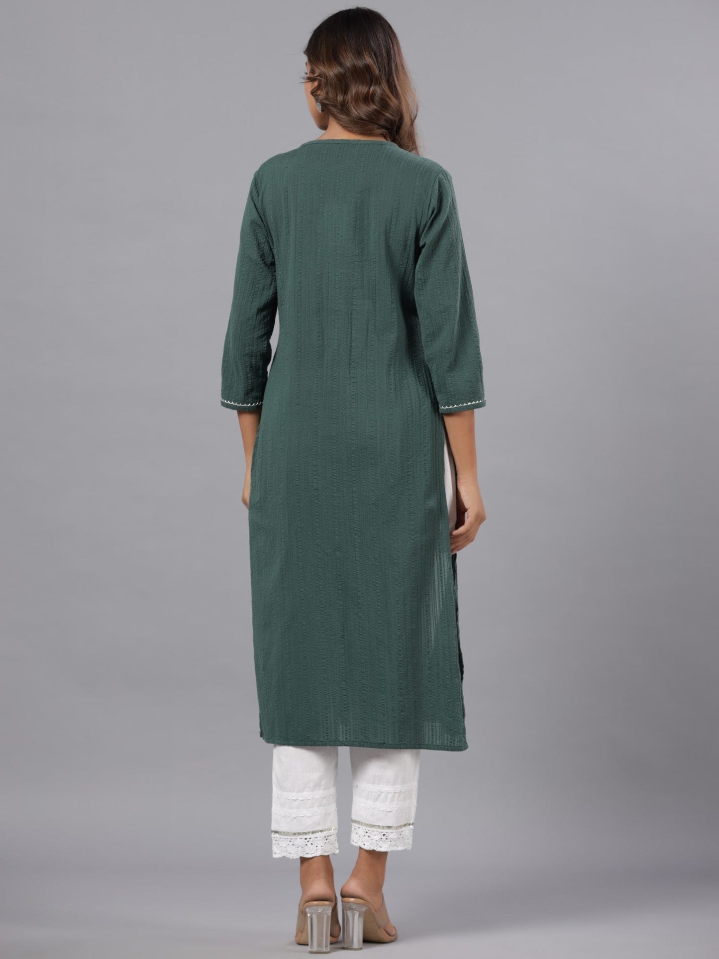 Green Seer Sucker Embroidered High Slit Kurta