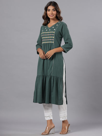 Green Seer Sucker Embroidered High Slit Kurta