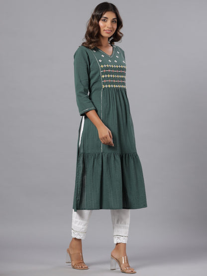 Green Seer Sucker Embroidered High Slit Kurta