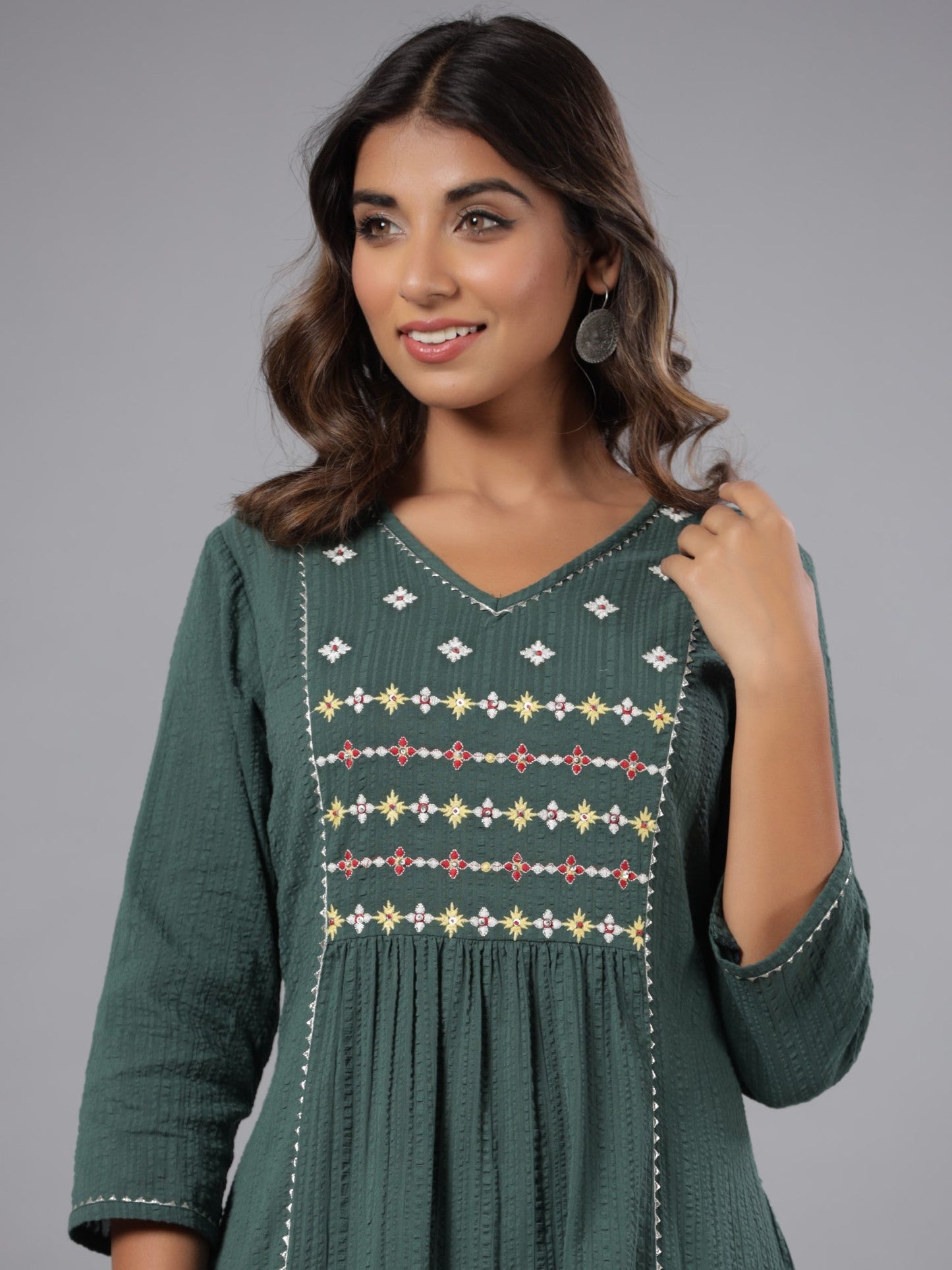 Green Seer Sucker Embroidered High Slit Kurta