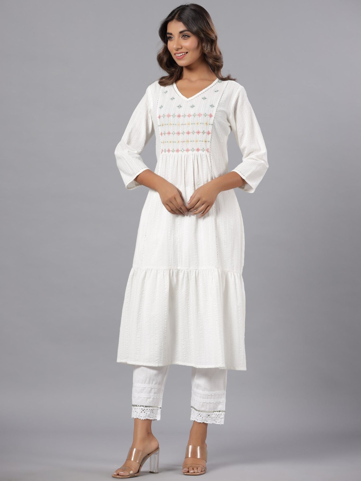 White Seer Sucker Embroidered High Slit Kurta