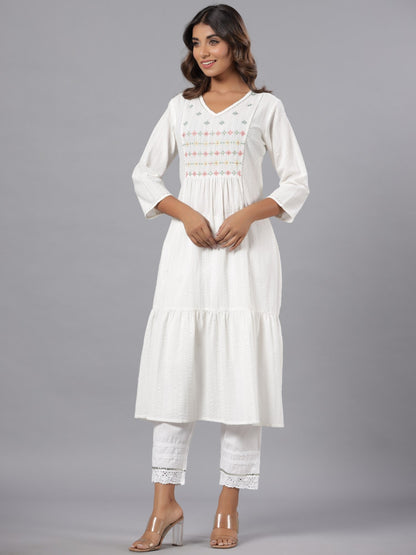 White Seer Sucker Embroidered High Slit Kurta