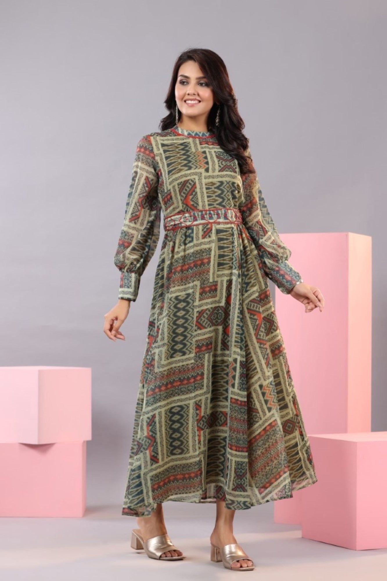 Green Chiffon Printed Maxi Dress