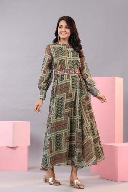 Green Chiffon Printed Maxi Dress