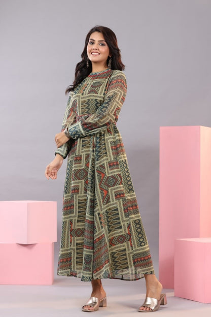 Green Chiffon Printed Maxi Dress