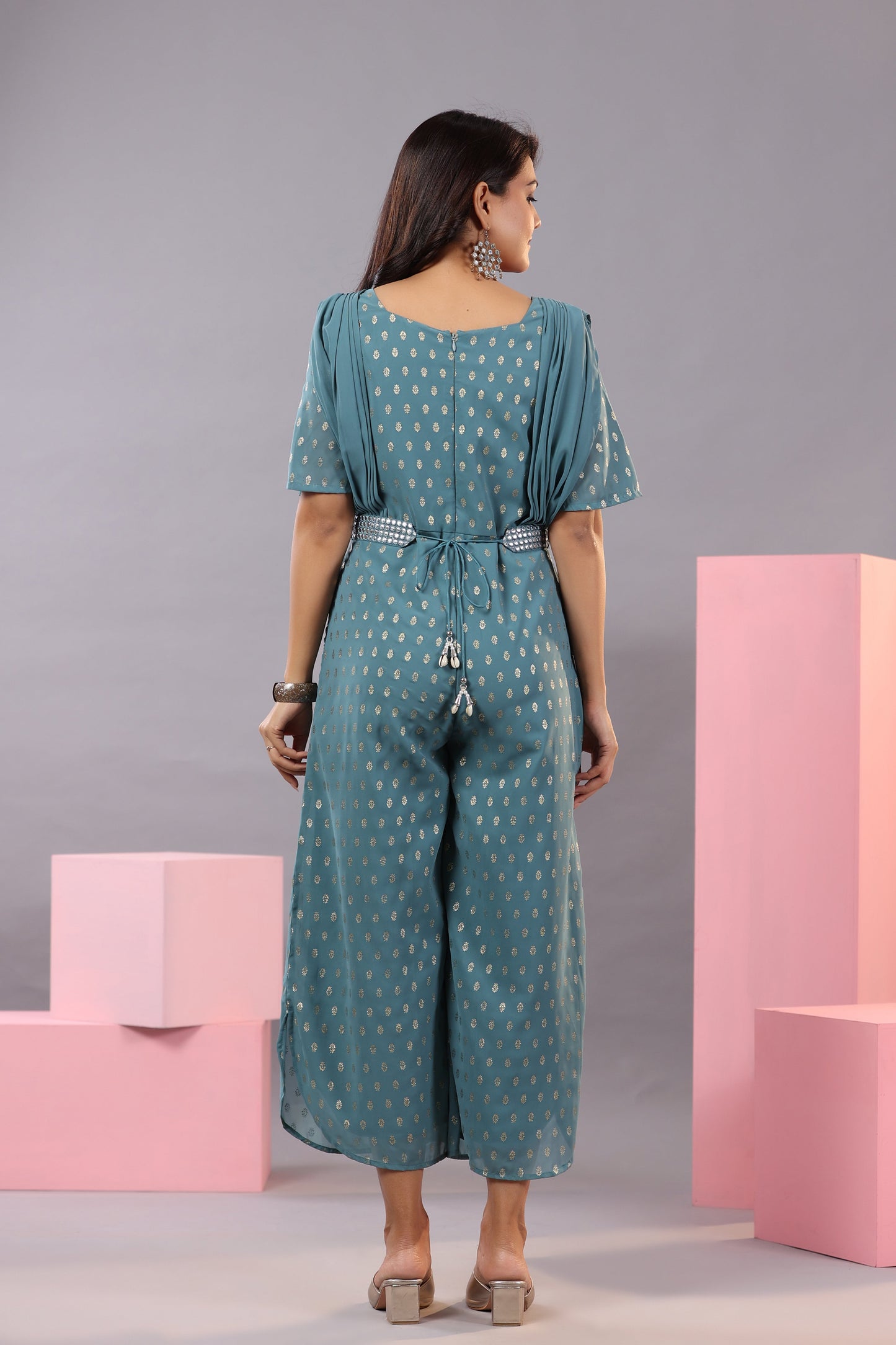 Teal Georgette Foil Printed Draped Jumpsuit