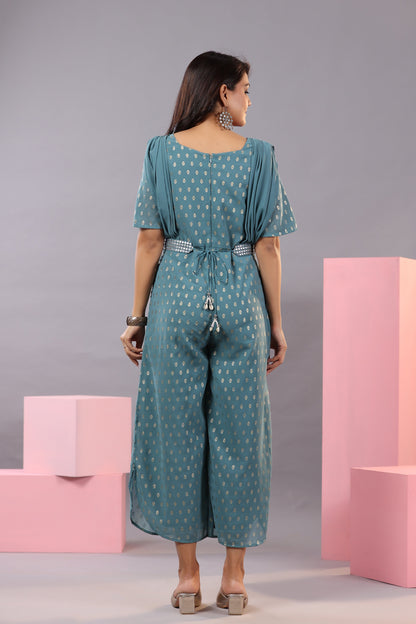 Teal Georgette Foil Printed Draped Jumpsuit