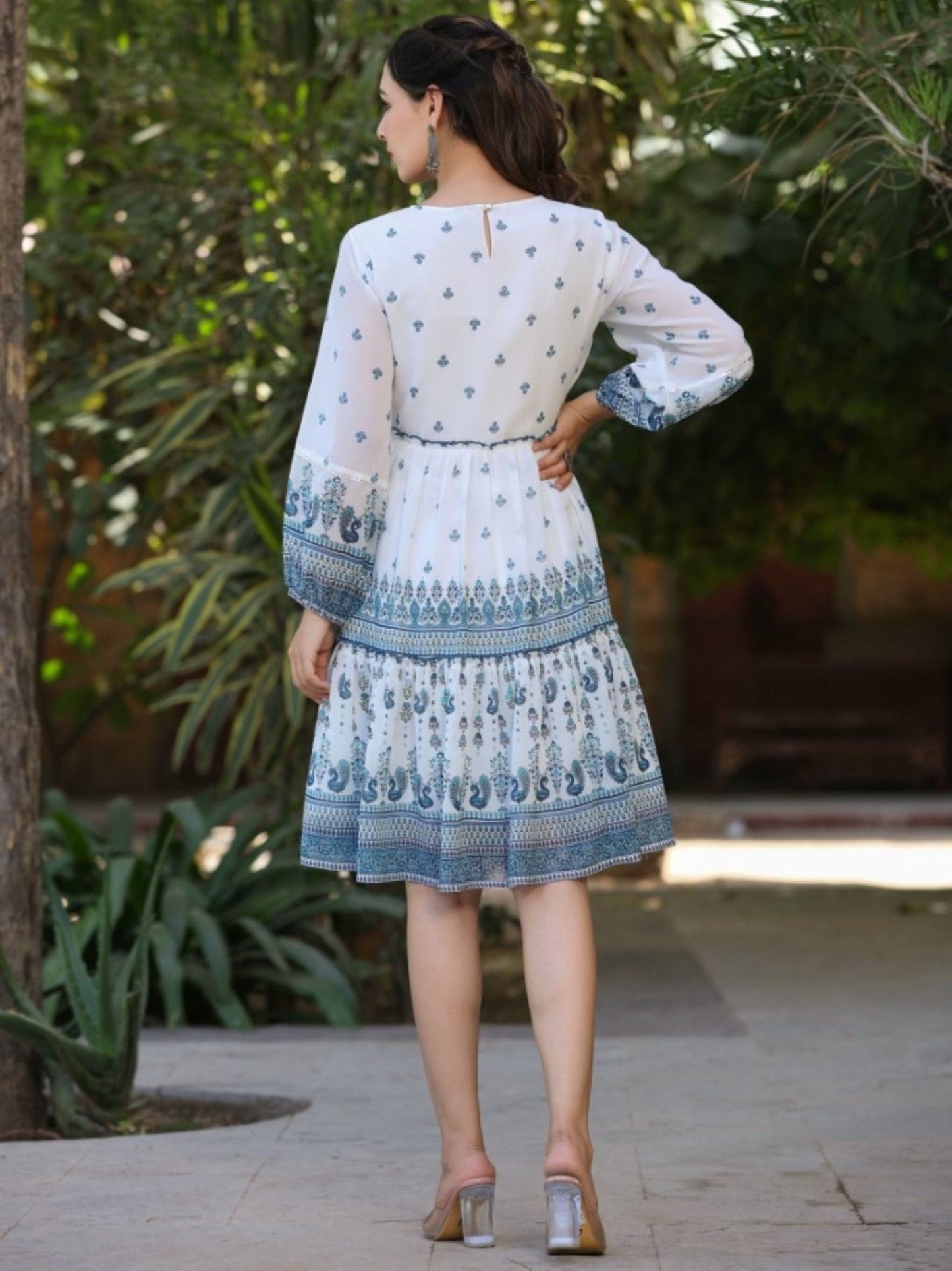 Off-White Georgette Printed Short Tiered Dress With Embroidered Yoke