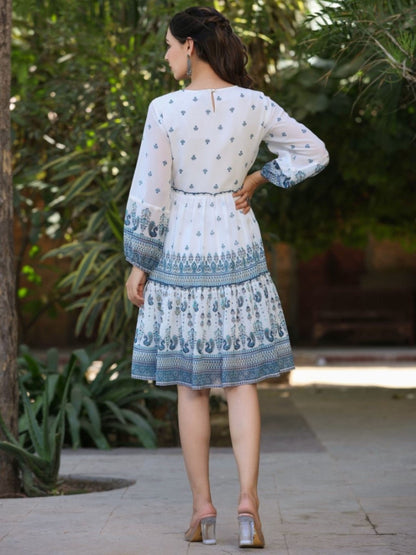 Off-White Georgette Printed Short Tiered Dress With Embroidered Yoke