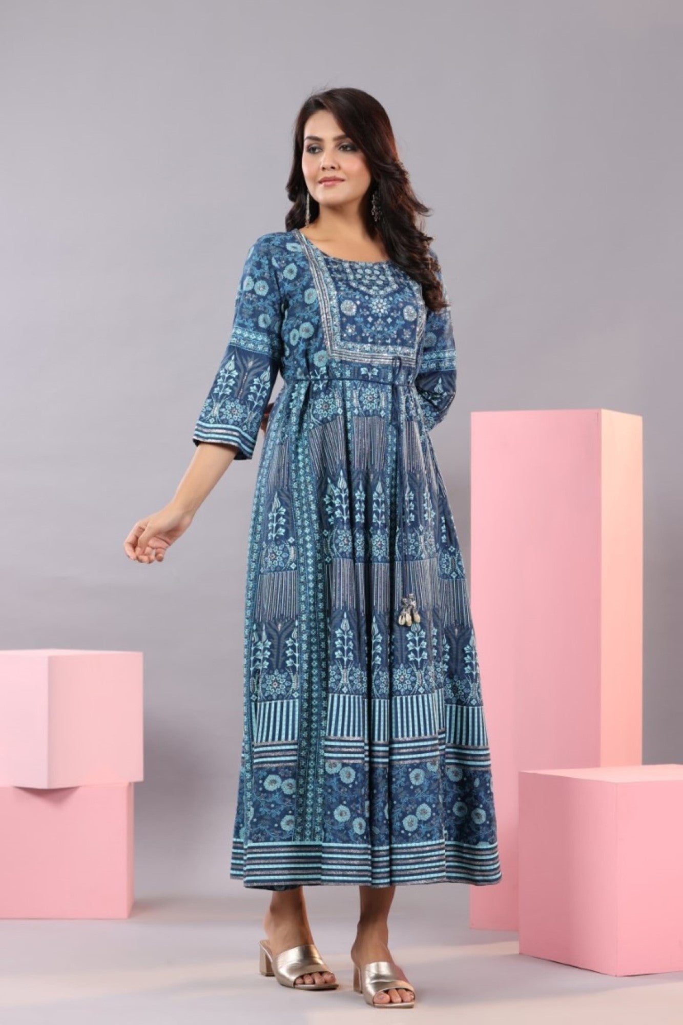 Blue Shantoon Floral Printed Maxi Dress
