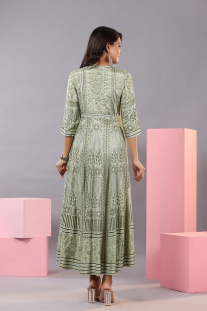 Olive Green Shantoon Floral Printed Maxi Dress