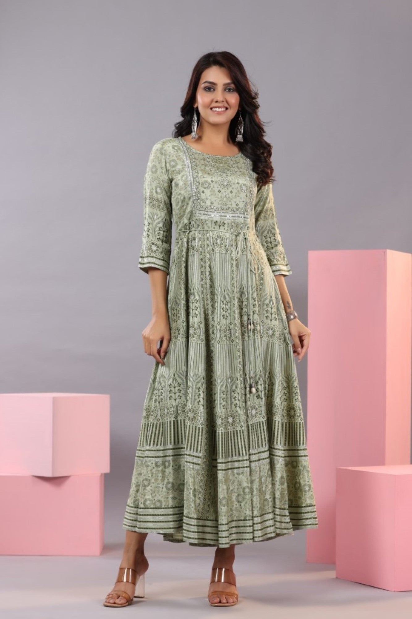 Olive Green Shantoon Floral Printed Maxi Dress