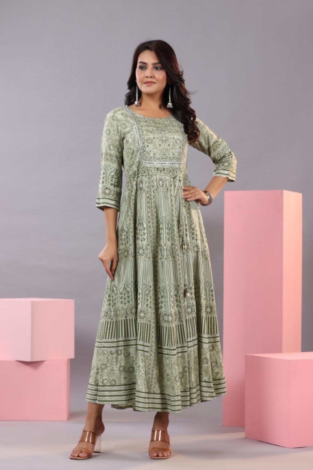 Olive Green Shantoon Floral Printed Maxi Dress