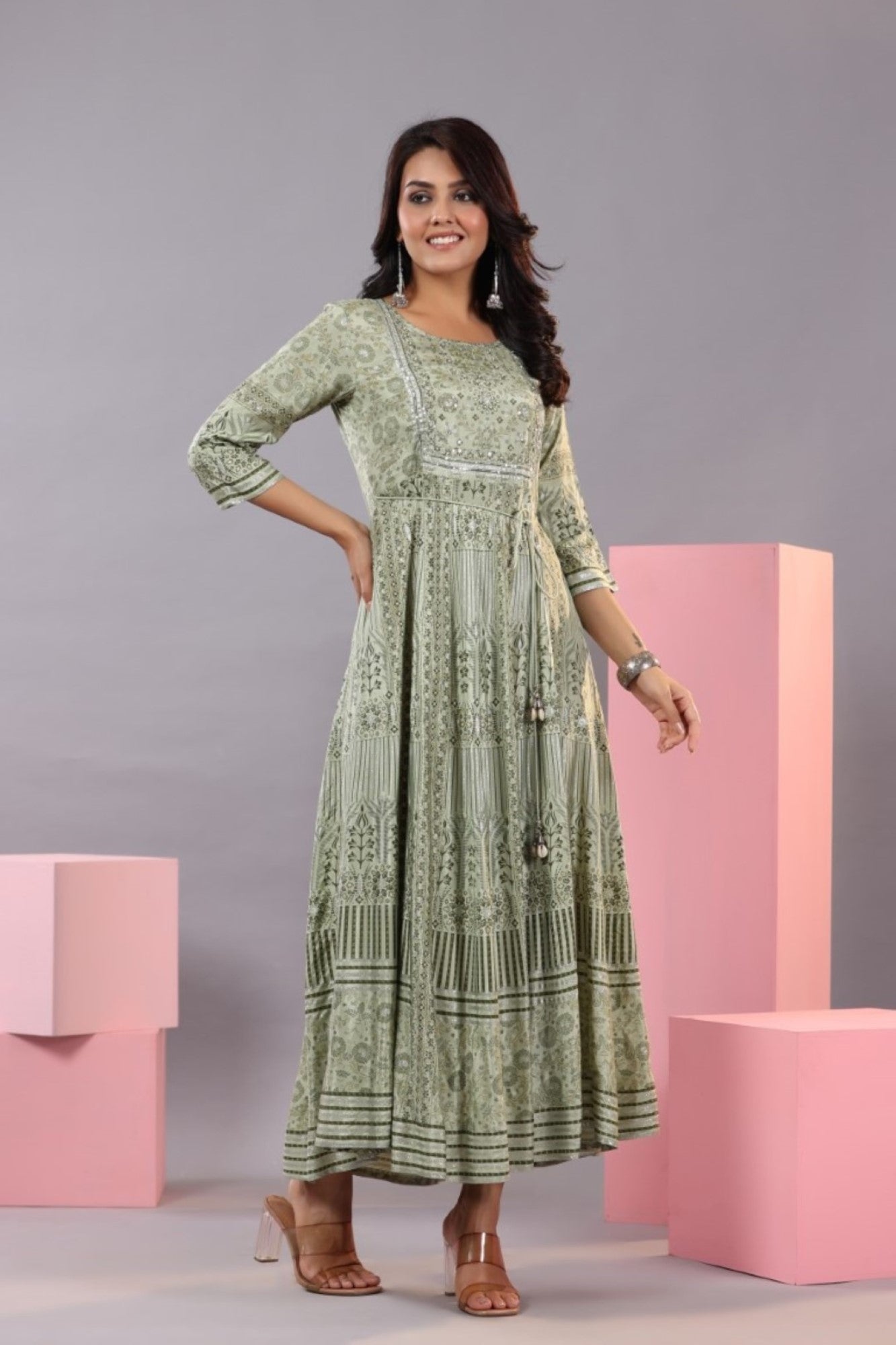 Olive Green Shantoon Floral Printed Maxi Dress