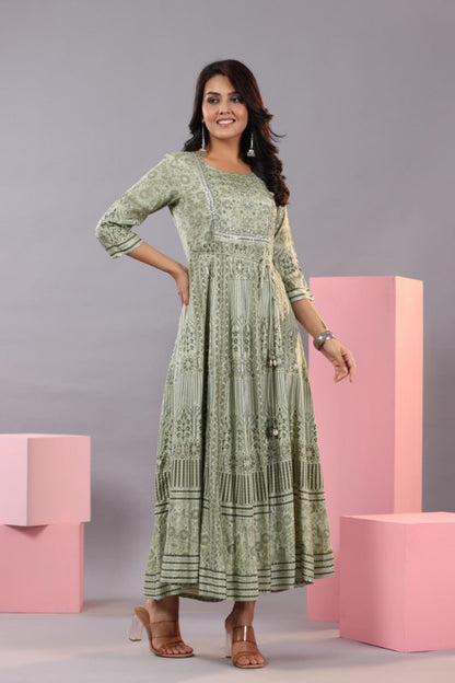 Olive Green Shantoon Floral Printed Maxi Dress