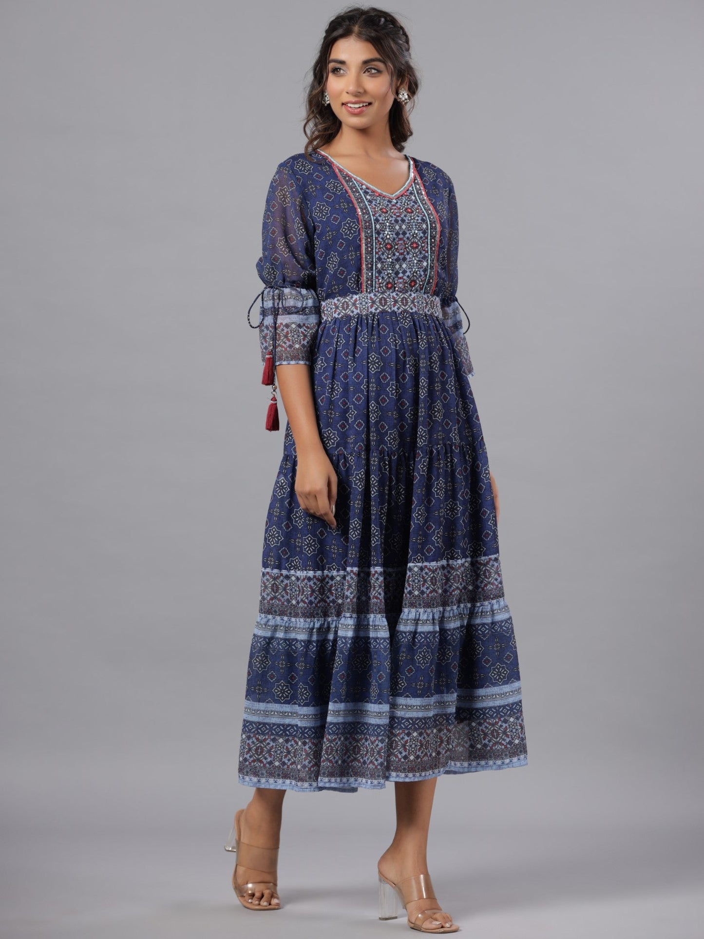 Navy Blue Georgette Geometric Printed Tiered Maxi Dress