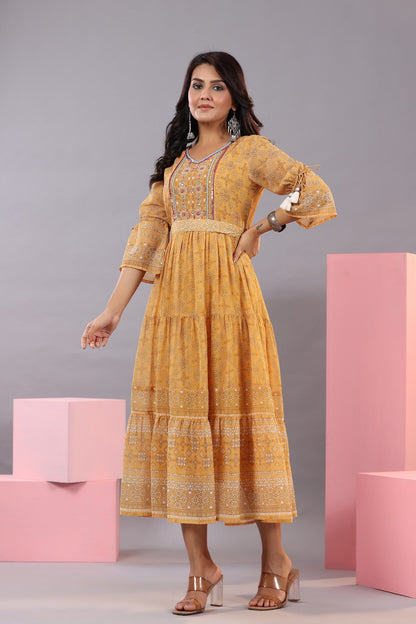 Navy Blue Georgette Geometric Printed Tiered Maxi Dress