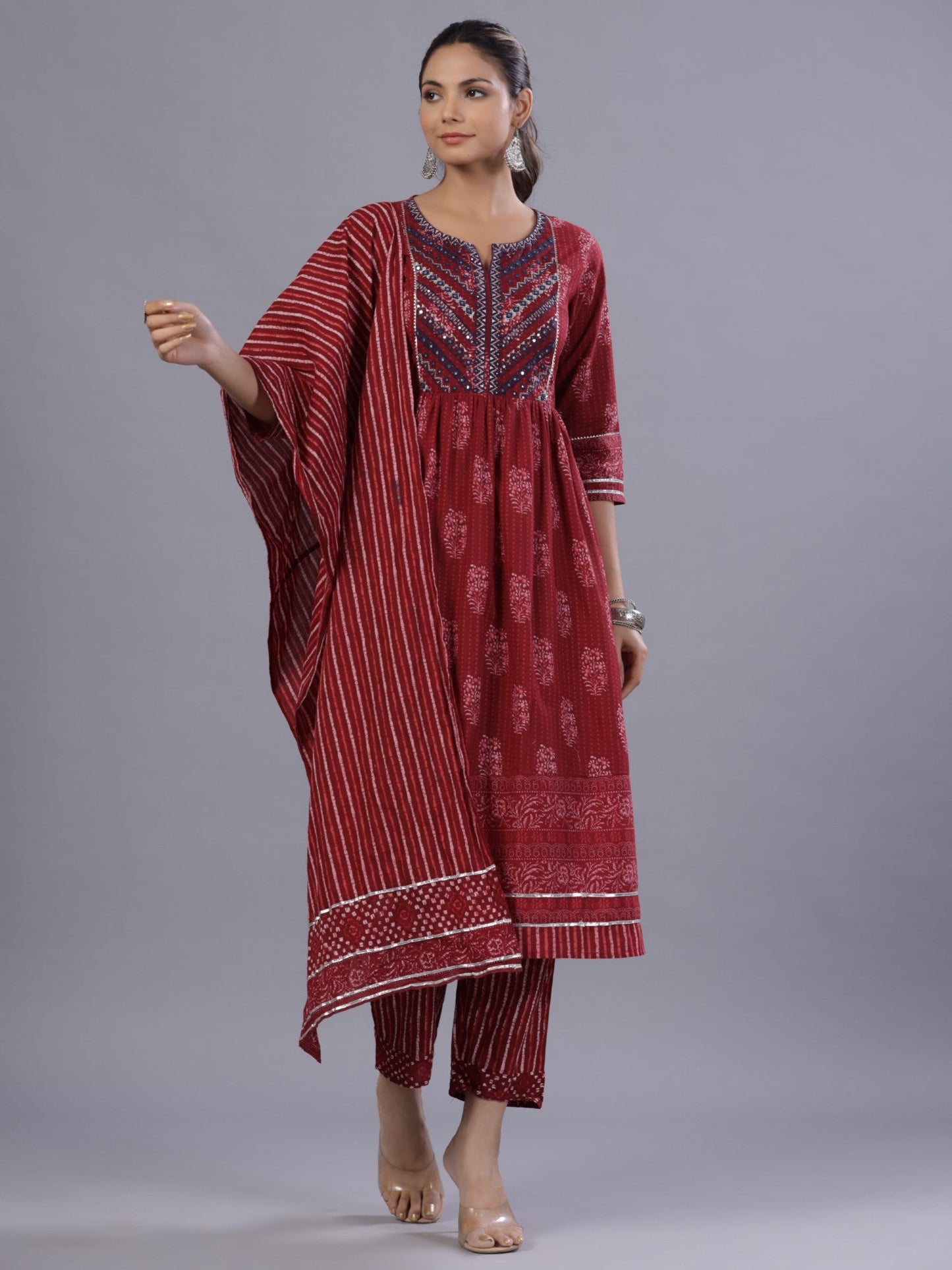 Maroon Cotton Cambric Batik Texture Printed Kurta, Pants And Dupatta Set