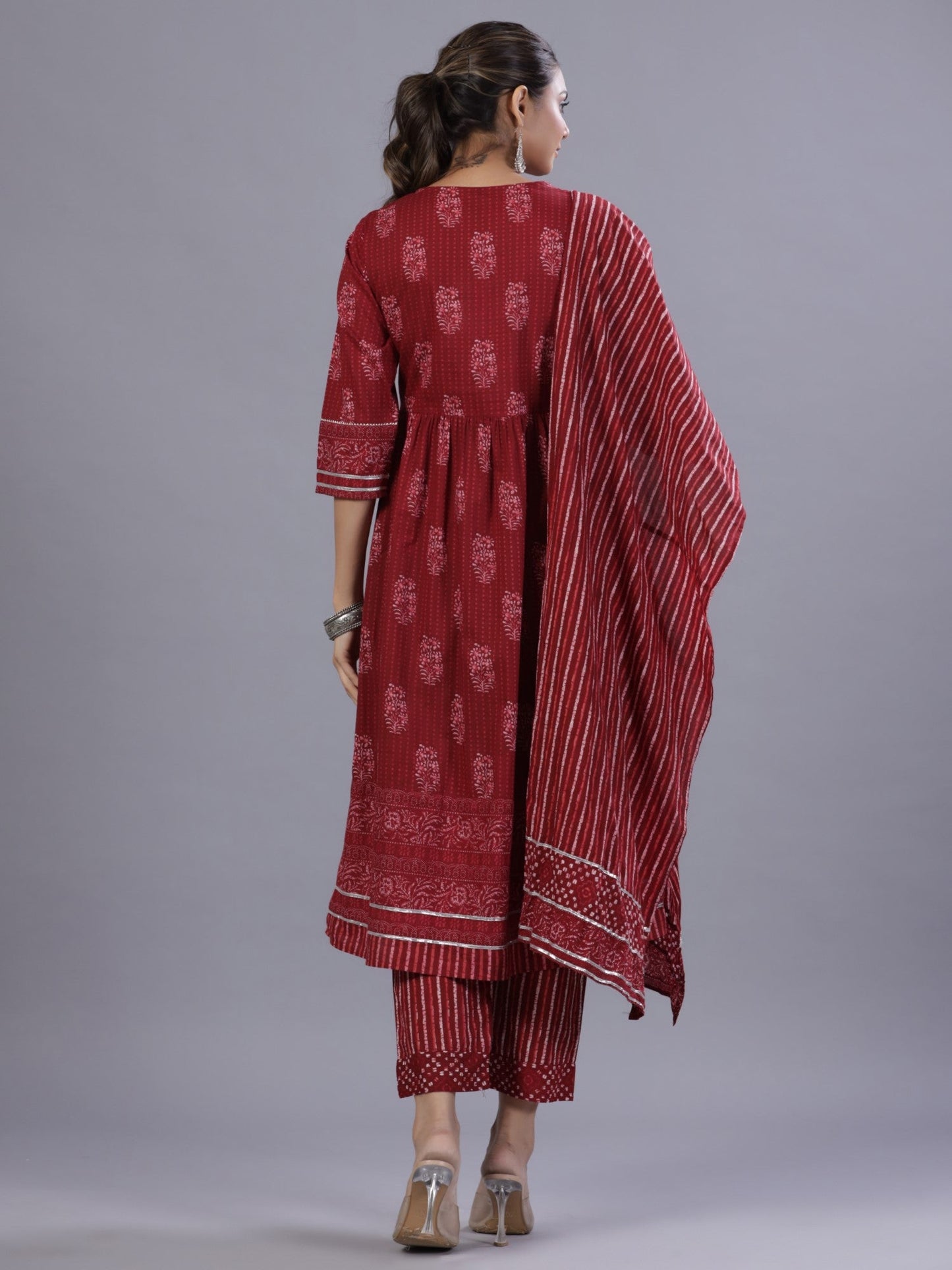 Maroon Cotton Cambric Batik Texture Printed Kurta, Pants And Dupatta Set