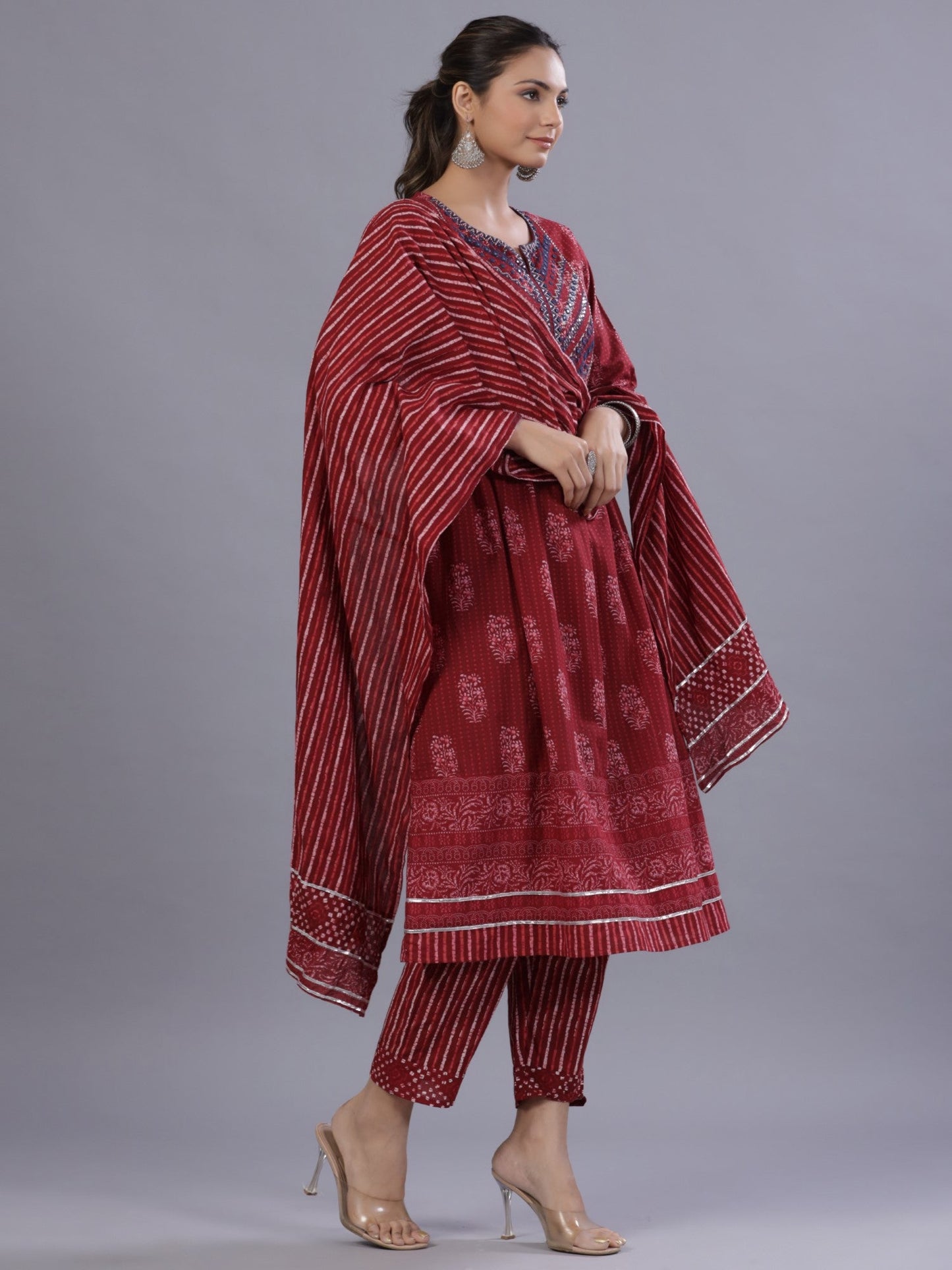 Maroon Cotton Cambric Batik Texture Printed Kurta, Pants And Dupatta Set