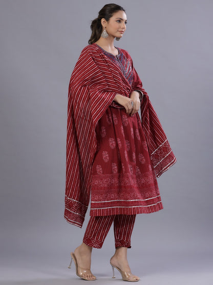 Maroon Cotton Cambric Batik Texture Printed Kurta, Pants And Dupatta Set