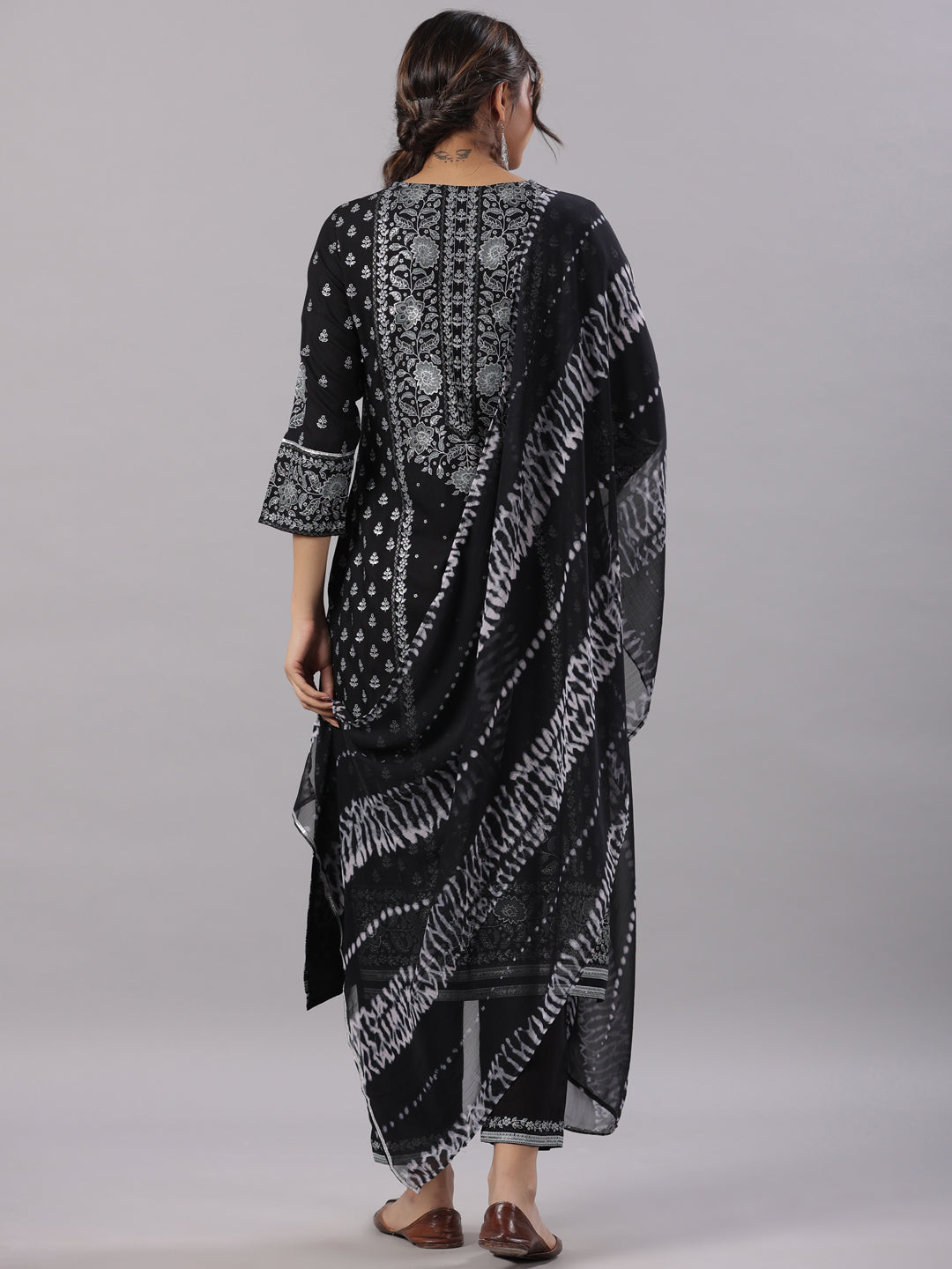 Black Rayon Staple Kalamkari Printed Kurta, Pants And Dupatta Set
