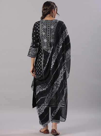 Black Rayon Staple Kalamkari Printed Kurta, Pants And Dupatta Set