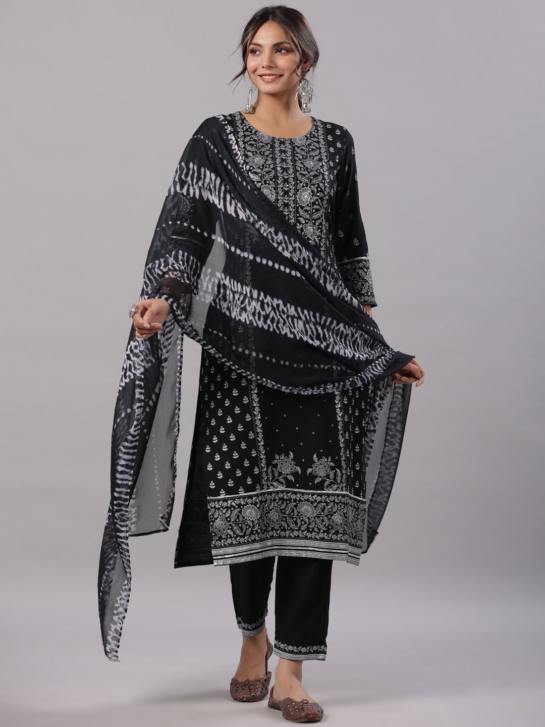 Black Rayon Staple Kalamkari Printed Kurta, Pants And Dupatta Set