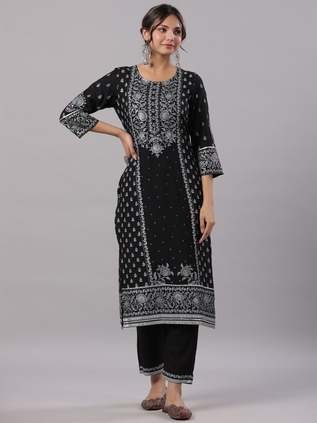 Black Rayon Staple Kalamkari Printed Kurta, Pants And Dupatta Set