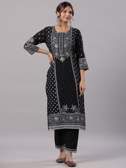Black Rayon Staple Kalamkari Printed Kurta, Pants And Dupatta Set