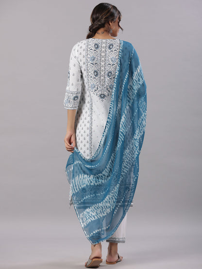 Sky-Blue Rayon Staple Kalamkari Printed Kurta, Pants And Dupatta Set