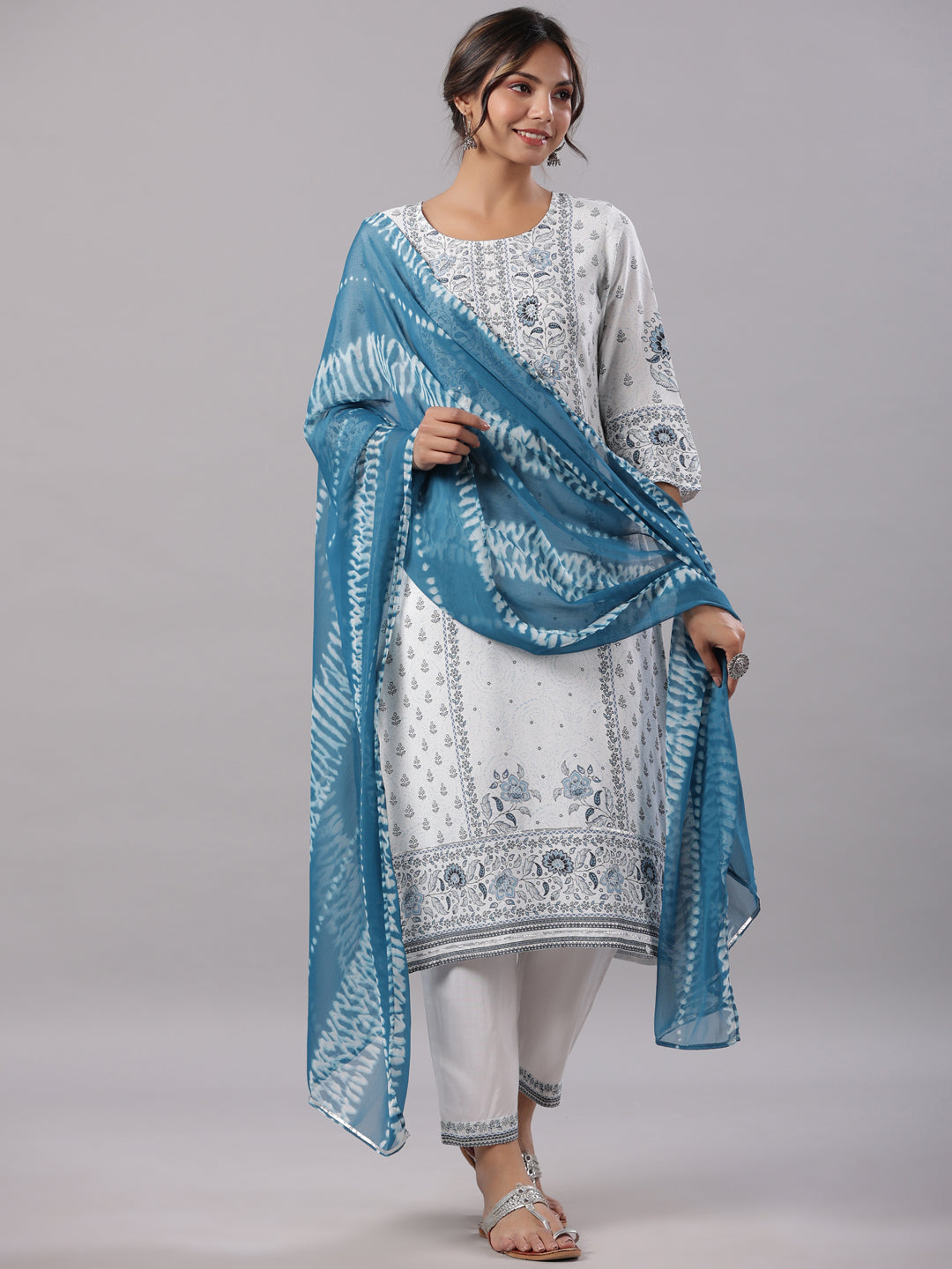 Sky-Blue Rayon Staple Kalamkari Printed Kurta, Pants And Dupatta Set