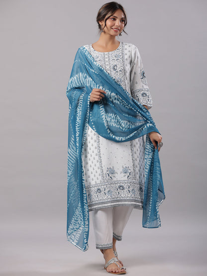 Sky-Blue Rayon Staple Kalamkari Printed Kurta, Pants And Dupatta Set