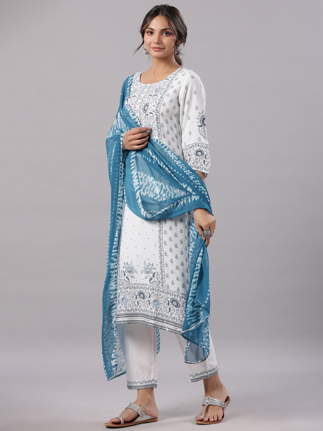 Sky-Blue Rayon Staple Kalamkari Printed Kurta, Pants And Dupatta Set