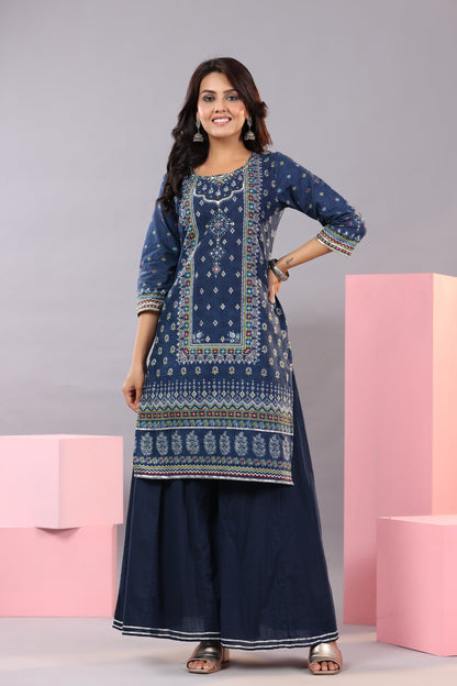 Indigo Cotton Cambric Printed Kurta, Palazzo And Dupatta Set