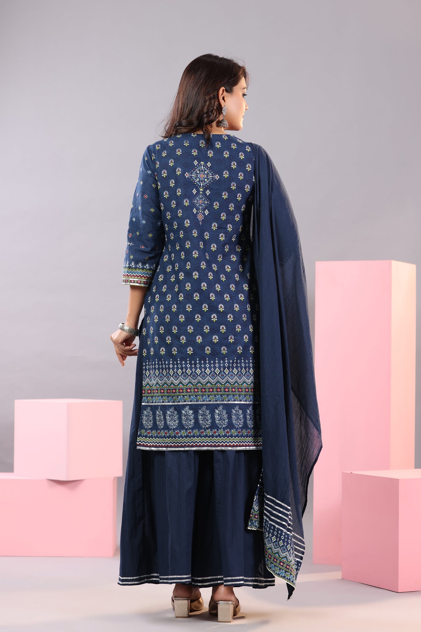 Indigo Cotton Cambric Printed Kurta, Palazzo And Dupatta Set