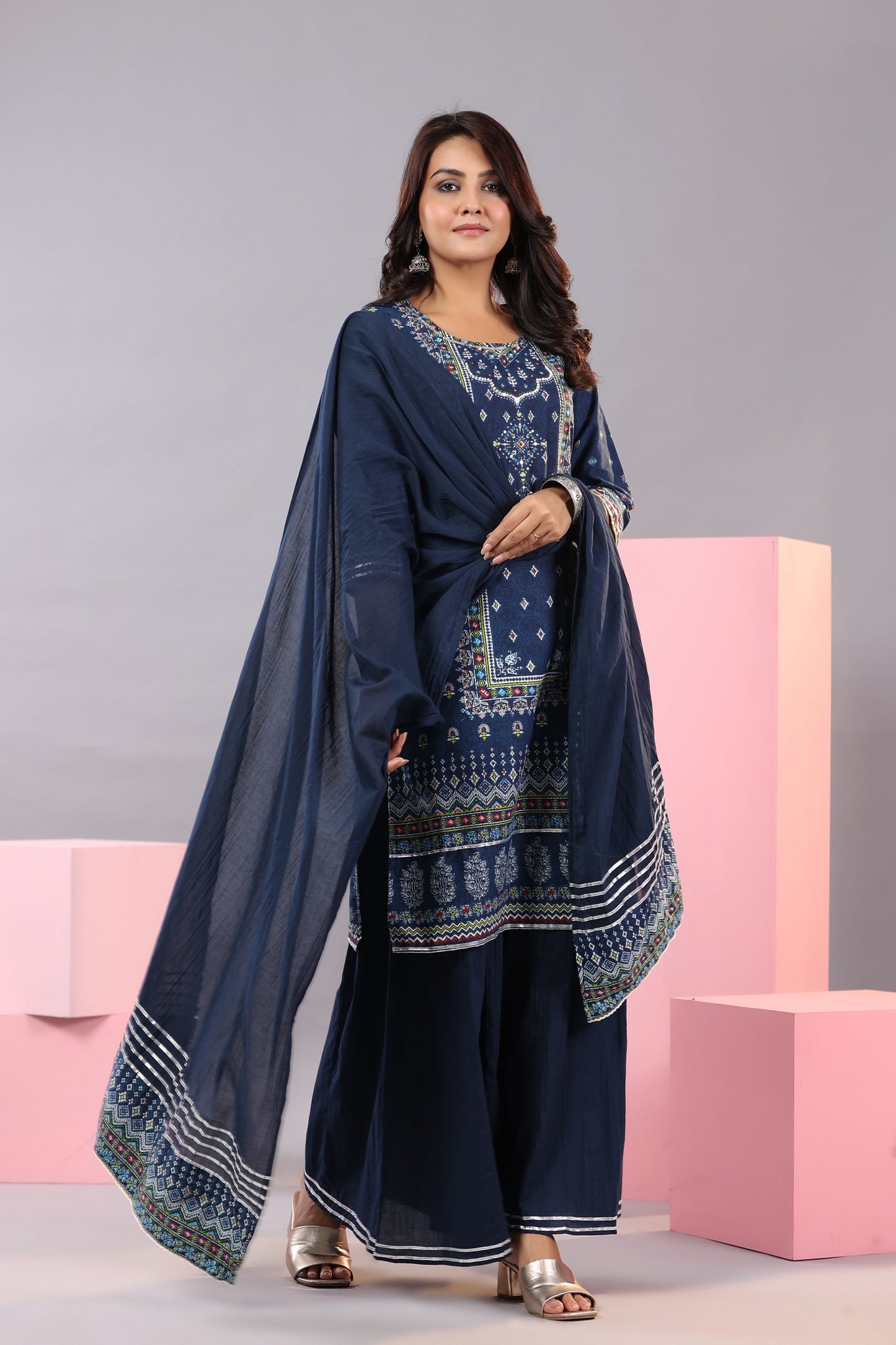 Indigo Cotton Cambric Printed Kurta, Palazzo And Dupatta Set