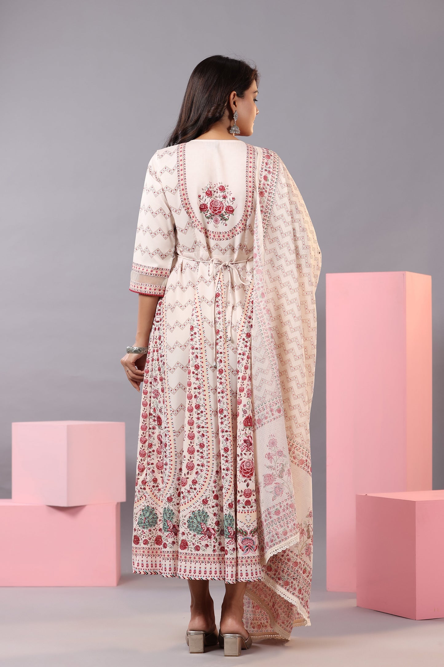 Ecru Rayon Floral Printed Kurta And Dupatta Set